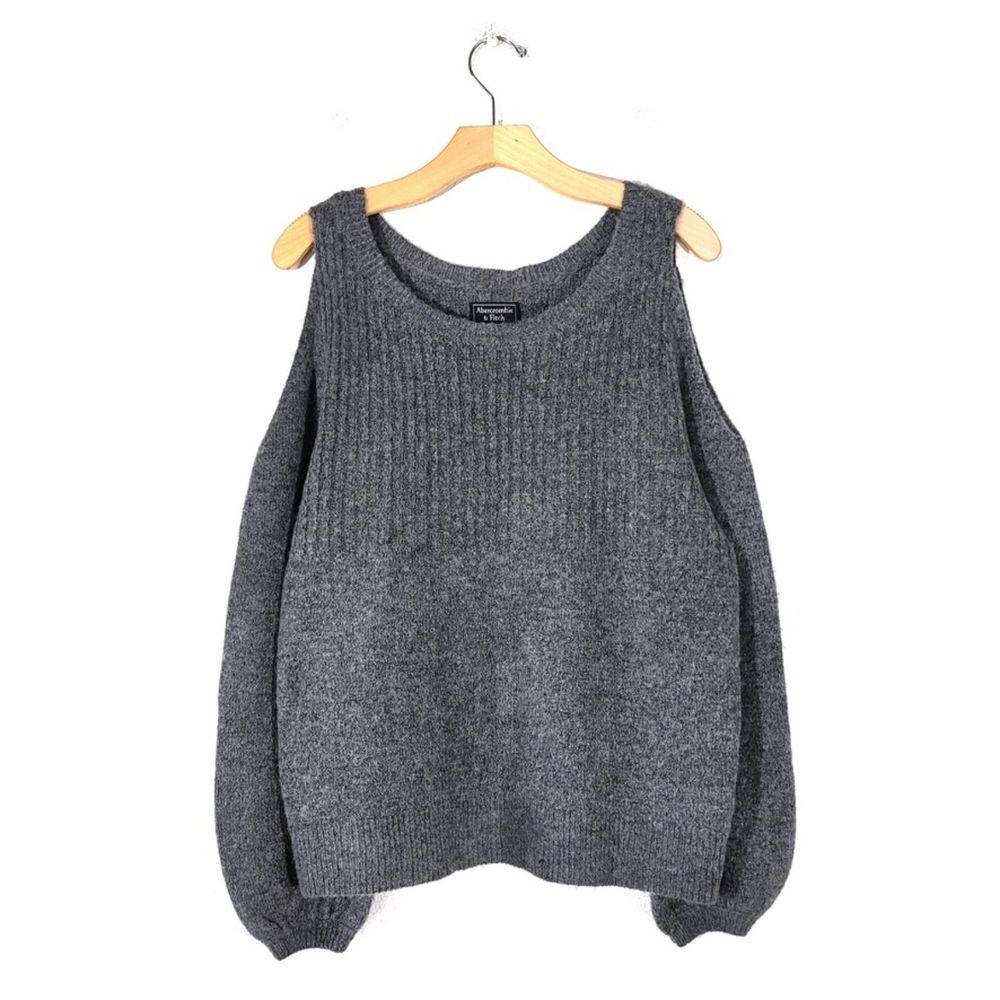 ABERCROMBIE 90s Boho Ribbed Knit Cold Shoulder Balloon Sleeve Sweater Gray Large